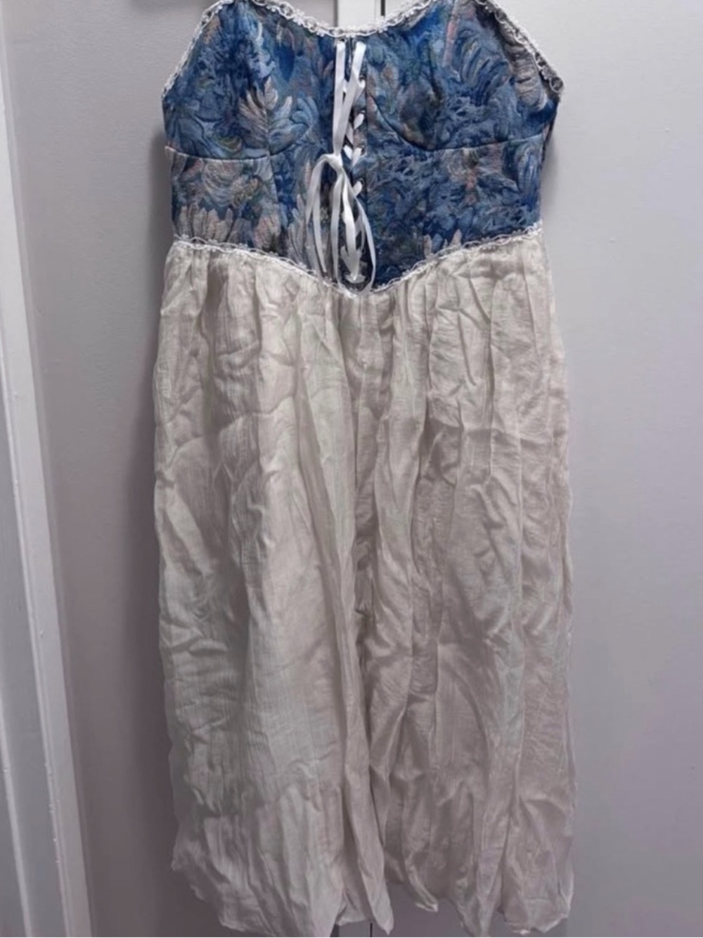 Boho Lace-Up Midi Dress in Blue and Cream